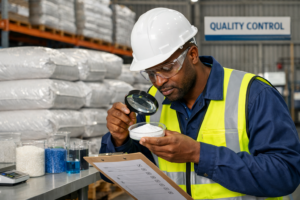 Quality control worker inspecting powder.